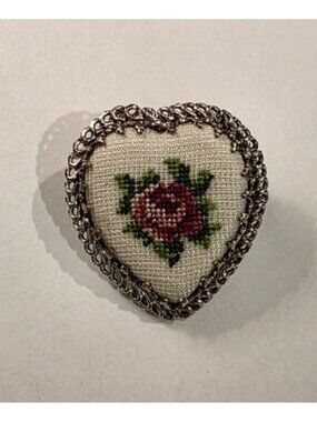 Vintage MINI- Needlepoint Heart-Shaped Brooch/PIN - ROSE 1"